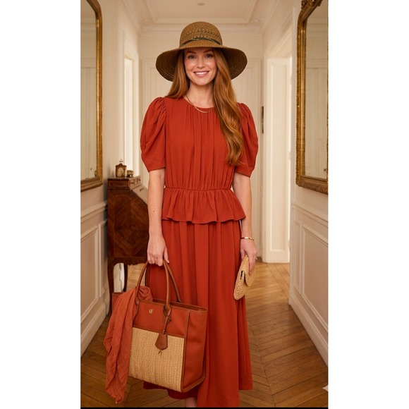 Ulla Johnson Marion Puff Sleeve Midi Dress & Straw Sun Hat Bundle Retail $520 - Picture 2 of 10